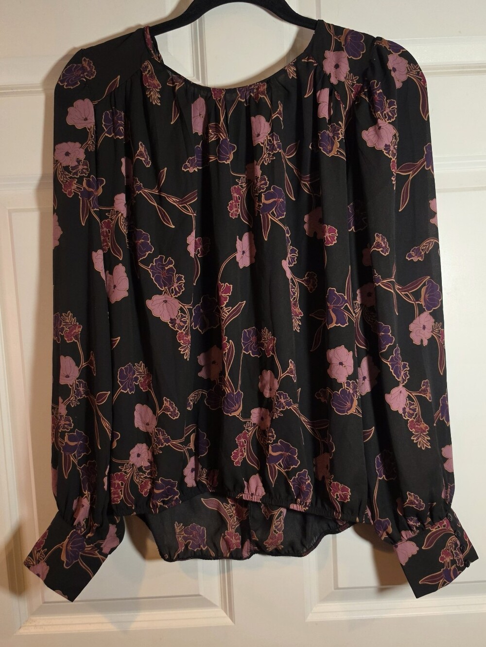 Autres Filles Black Floral Blouse with Pink and Purple Flowers Semi Sheer L
